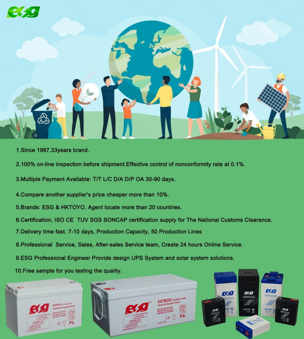 Esg Long Life Deep Cycle Power System Sealed 12V 200ah Solar AGM Storage Gel Lead Acid Battery